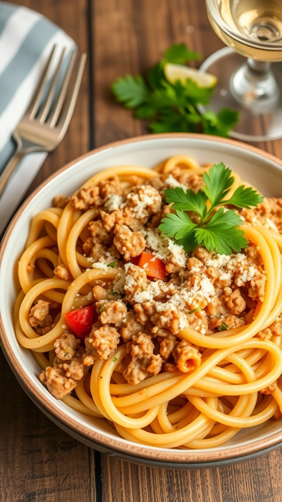 Creamy Ground Turkey Pasta Recipe Creamy ground turkey pasta garnished with parsley and Parmesan on a rustic table.
